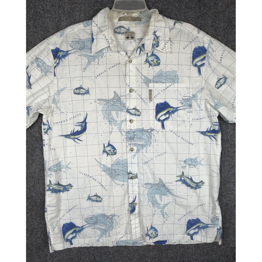 Columbia River Lodge Fish Nautical Map Button Down Shirt L Cotton Fish Fishing